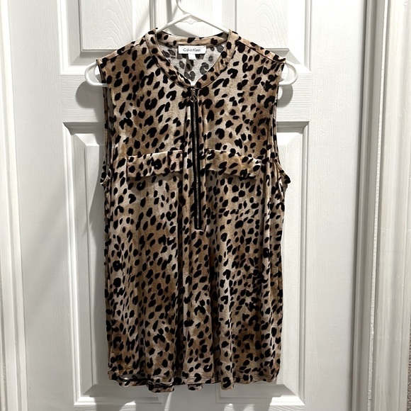 Calvin Klein Leopard zip Front sleeveless blouse Size Large - Picture 1 of 3